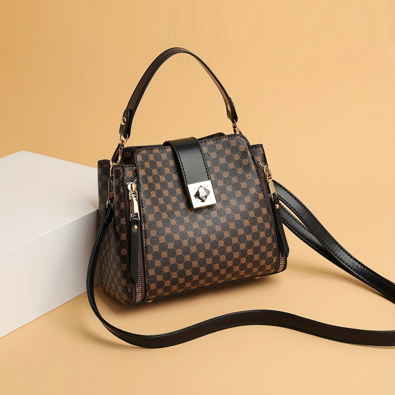 realaiot  Small Color Contrast Handbag, Buckle Decor Crossbody Bag, Retro Printed PU Leather Purse For Women