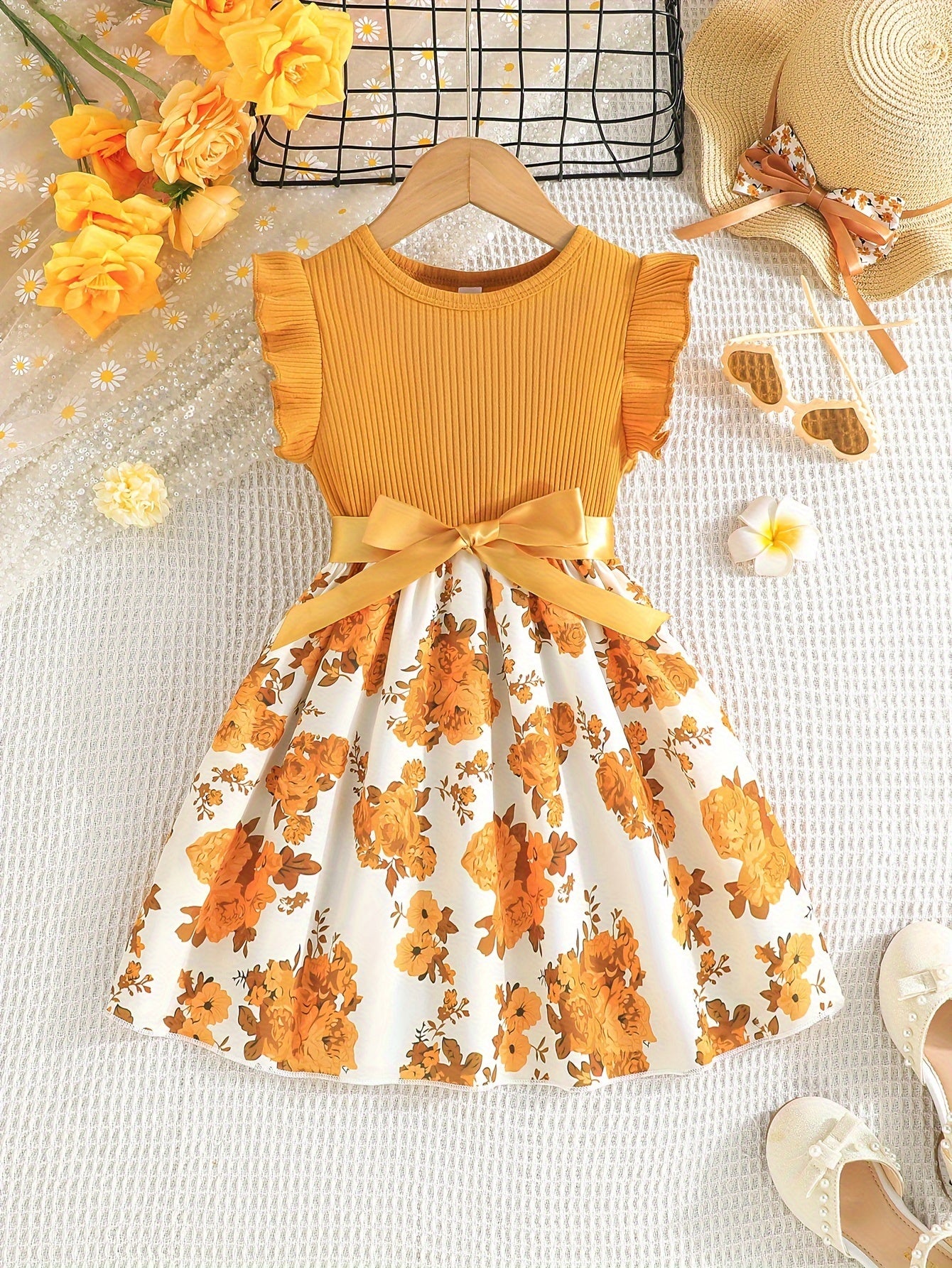 Charming Sweet Girls Floral Spliced Dress - Soft 93% Cotton, Perfect for Summer Parties & Gifts