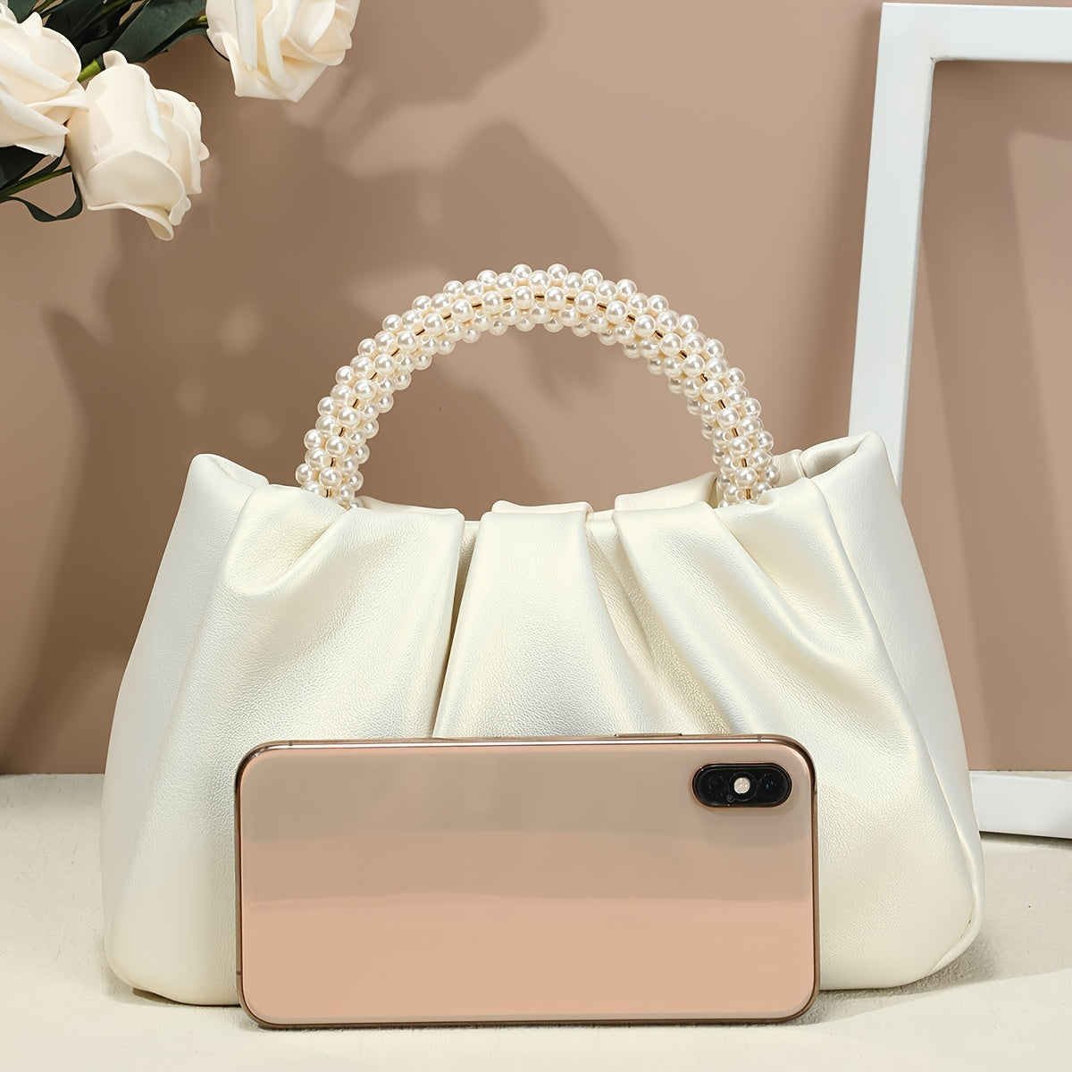 realaiot  Trendy Pleated Cloud Handbag, Elegant Faux Pearls Handle Bag, Perfect Shoulder Bag For Every Occasion