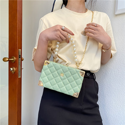 Trendy Argyle Quilted Crossbody Box Bag, Faux Pearls Chain Bag, Perfect Square Shoulder Bag For Daily Use