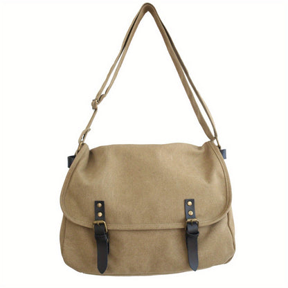 Casual Simple Messenger Bag, Canvas Large Capacity Crossbody Bag, Minimalist Flap Bag For School