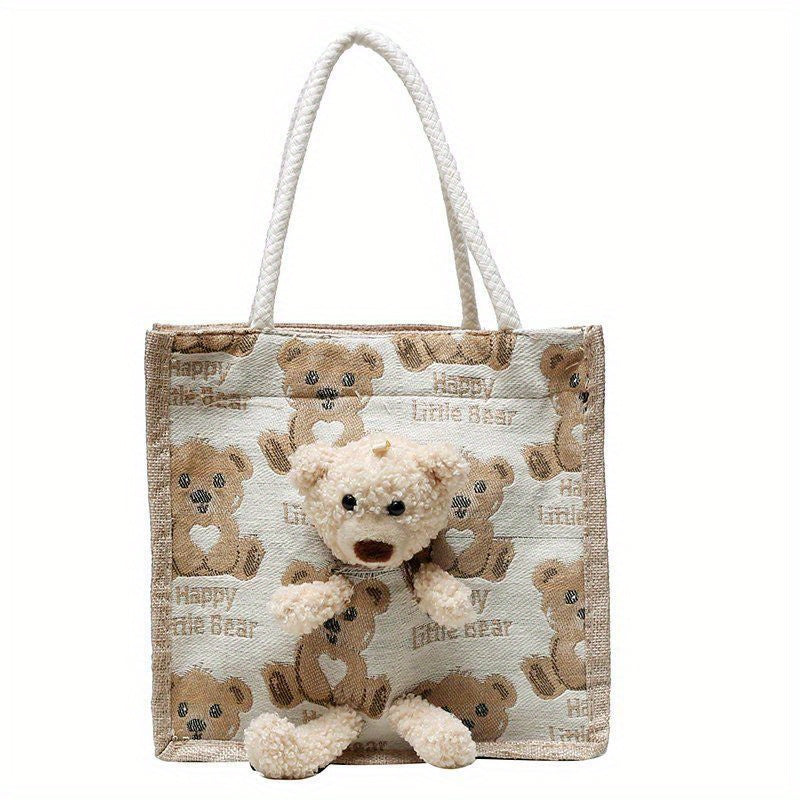 Kawaii Cow Print Tote Bag, Cute Bear Pendant Canvas Bag, Women's Casual Handbag & Shopping Bag