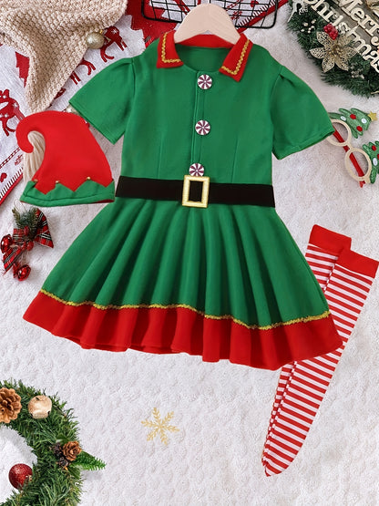 4pcs Girls Christmas Flannel Lapel Dress + Hat + Long Socks + Belt, Christmas Dress Up Outfit, Joy Festival Celebration Clothes