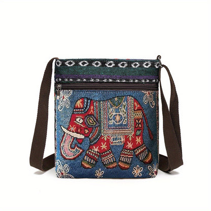 realaiot  Ethnic Style Canvas Crossbody Bag, Animal Embroidery Square Purse, Women's Phone Bag For Work & Travel