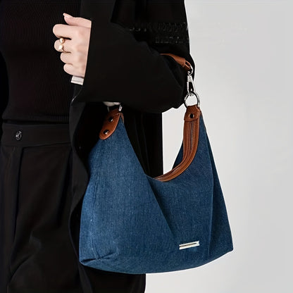 realaiot  Stylish Denim Baguette Bag, All-Match Trendy Underarm Bag, Women's Zipper Shoulder Bag & Purse