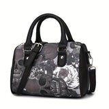 realaiot  Floral Skull Print Boston Bag, Fashion Top Handle Crossbody Bag, Women's Gothic Handbag, Shoulder Bag & Purse