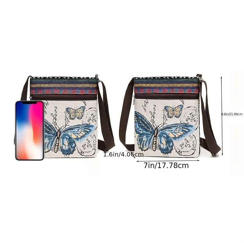 realaiot  Ethnic Style Canvas Crossbody Bag, Animal Embroidery Square Purse, Women's Phone Bag For Work & Travel