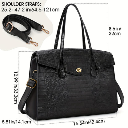 realaiot  1pc Laptop Handbag Tote Bag For Women, 41.91 Cm Waterproof Classy Women's Laptop Bag, Office Briefcase For Work,  Black Messenger Bag Crocodile Pattern Handbag Shoulder Bag