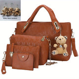 Women's Fashion Tote Bag Set, 4 Pcs Trendy Handbag & Shoulder Bag & Clutch Bag & Key Card Bag