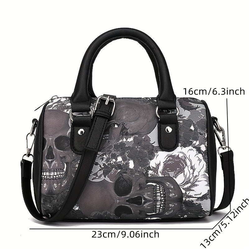 realaiot  Skull Print Handbag, Halloween PU Crossbody Bag, Gothic Top Handle Purse