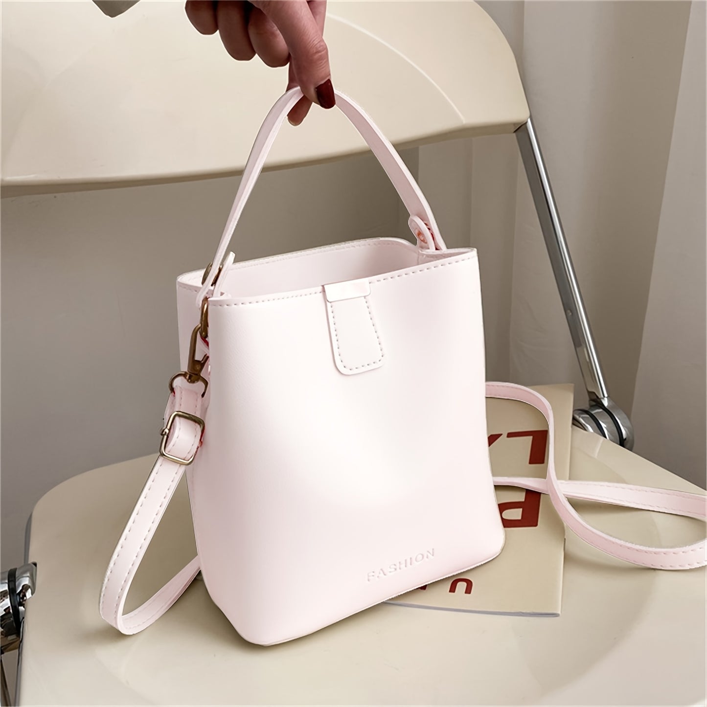 realaiot  Solid Color Bucket Bag For Women, Trendy PU Leather Handbag, Retro Mini Crossbody Purse