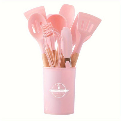 1 Set Kitchen Utensil Set, Silicone Cookware Set, 12pcs Silicone Kitchen Utensil Set, Wooden Cooking Utensils, Kitchen Gadgets, Silicone Cutlery Set, Kitchen Tools With Storage Bucket