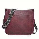 realaiot  Leopard Print Straps Crossbody Bag, Solid Color Saddle Bag, Shoulder Zipper Bag For Work