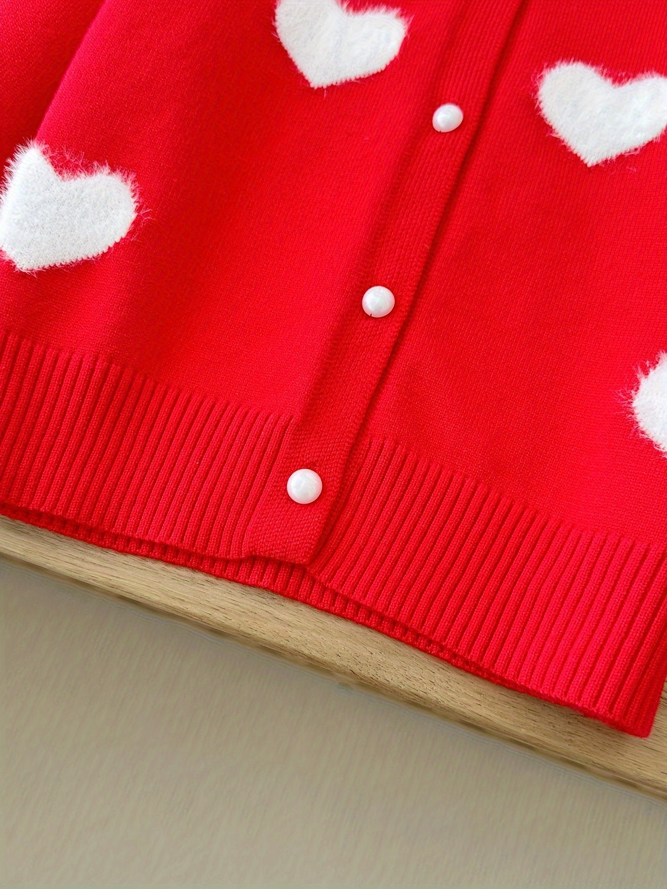 Toddler Girls Exquisite Knit Cardigan - Soft, Vibrant Red with Adorable White Heart Patterns, Classic Button-Front, Long Sleeves - Perfect for Spring and Autumn, Latest  Fashion Trend