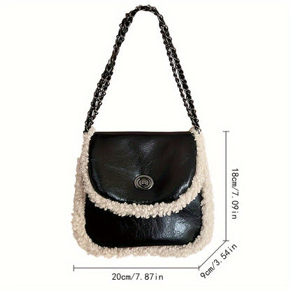 realaiot  Black Plush Mini Square Chain Bag, Turn-Lock Flap Shoulder Bag, All-Match Women's Texture Handbag