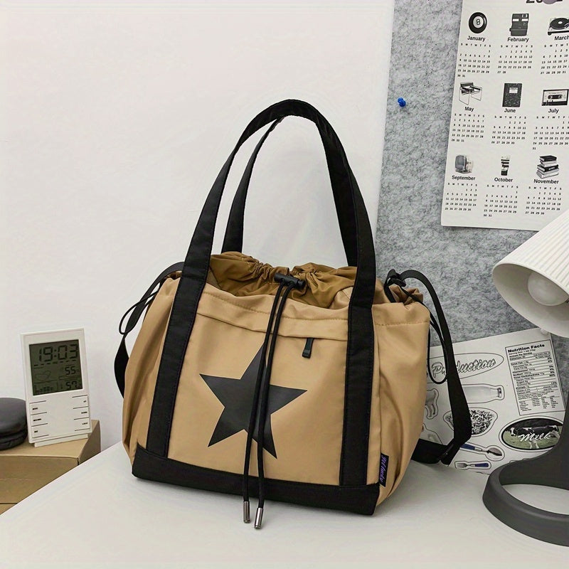 Casual Color Contrast Drawstring Bag, Minimalist Shoulder Students Bag, Star Pattern Handbag For Girls