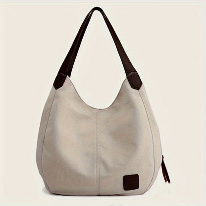 realaiot  Simple Canvas Shoulder Bag, Minimalist Colorblock Hobo Handbag, All-Match Bag For Women