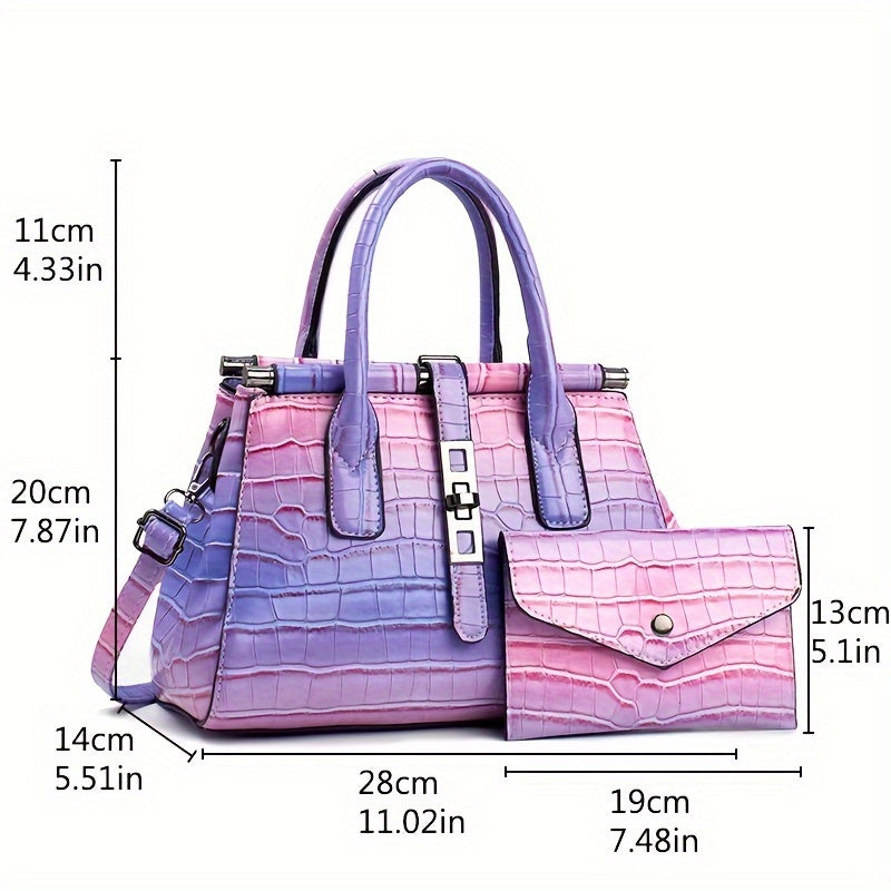 2Pcs Trendy Gradient Color Tote Bag Set, Multi-pocket Divider Crocodile Pattern Shoulder Bag & Coin Purse, Perfect Handbag For Commuting