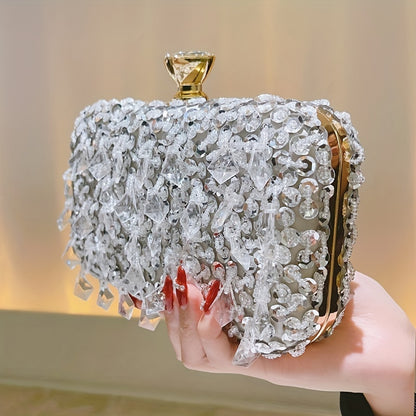 Beaded Sequins Evening Bag, Elegant Box Clutch Purse, Women's Wedding Handbags For Party Prom