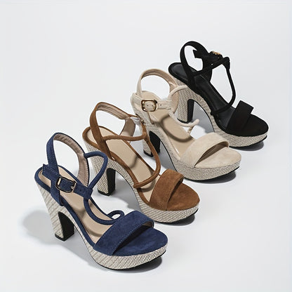 Stylish Linen Slingback Sandals - Open-Toe, Block Heeled, Ankle Buckle Strap, Platform High Heels, Fashionable, Comfortable, Summer Essential, Perfect for Outdoor Activities