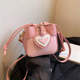 realaiot  Mini Color Contrast Bucket Bag, Love Heart Pendant Crossbody Bag, Cute Drawstring Purse For Lipstick, Key, Coin