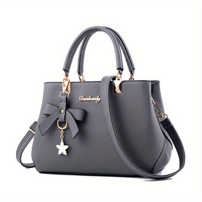 realaiot  Letter Decor Handbag, Women's PU Leather Crossbody Bag, Top Handle Purse With Bag Charm