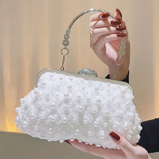 Faux Pearl Decor Evening Bag, 3D Flower Wedding Bridal Bag, Top Ring Clutch Purse For Prom Banquet