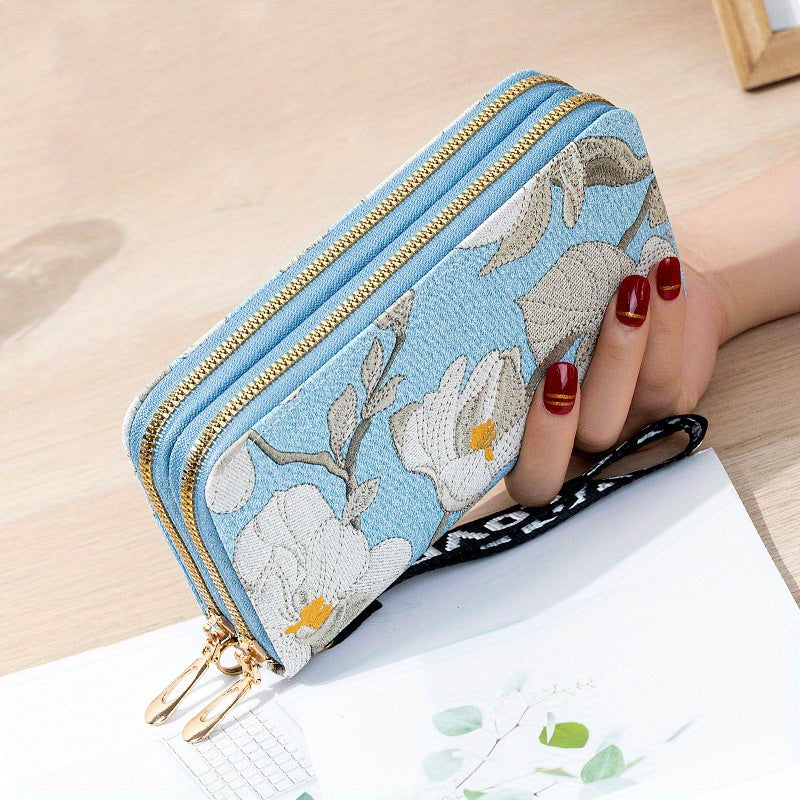 realaiot Flower Embroidery Long Wallet, Fashion Zipper Clutch Purse, Women's Phone Bag With Card Slots