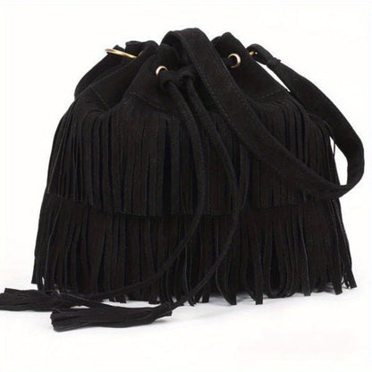 Retro Tassel Drawstring Bucket Bag, Drawstring Crossbody Bag, Simple Fringe Shoulder Bag For Travel & Daily Use