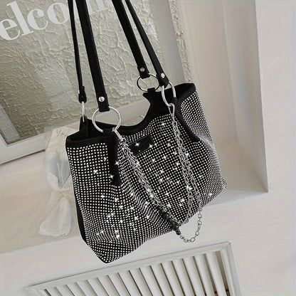 realaiot  Women's Fashion Large Capacity Rhinestones Decor Shoulder Bag, Top Handle Handbag With Chain Decor