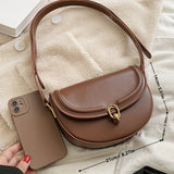 realaiot  Brown Trendy Saddle Bag, Minimalist Shoulder Bag, Women's Textured Flap Underarm Purse
