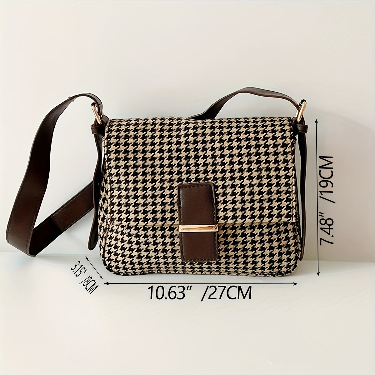 realaiot Vintage Houndstooth Crossbody Bag, Retro Flap Shoulder Bag, Women's Casual Handbag & Purse