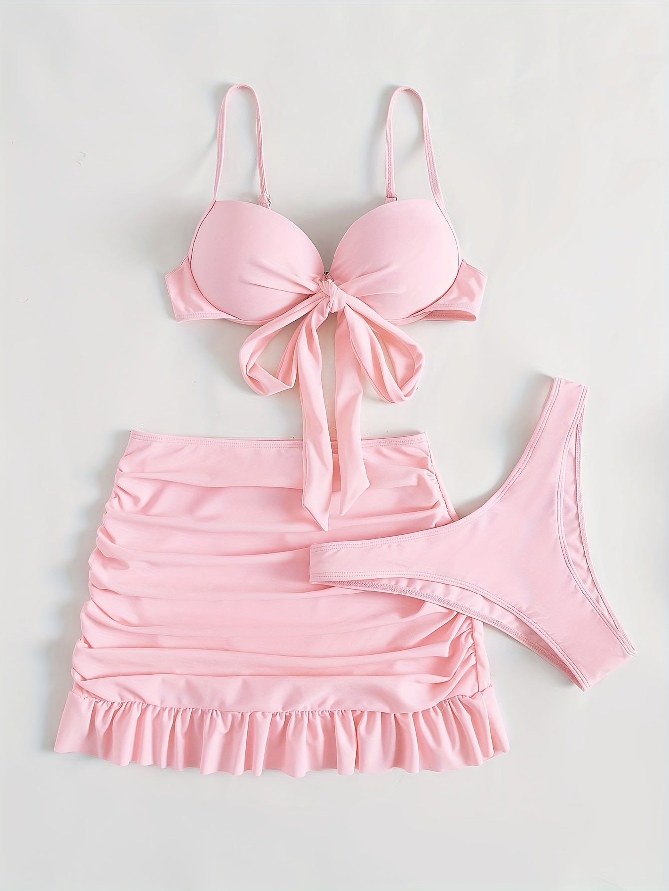 Three-Piece Beach Vacation Bikini Set - Stylish Tie-Front Top, Flirty Ruffle Hem Skirt, and Comfortable Swim Bottoms with Adjustable Straps, Perfect for Summer Getaways and Pool Parties