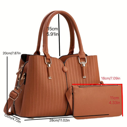 realaiot  2pcs Striped Tote Bag Set, Fashion Solid Color Handbag, Women's Crossbody Bag With Clutch Coin Purse