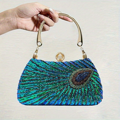 Peacock Feather Sequin Evening Bag, Luxury Banquet Purse, Women's Beaded Handbag For Wedding Party Prom