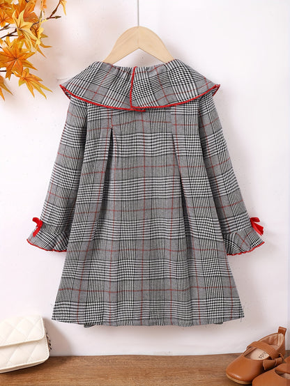 Stylish Plaid Bow Decor Long Sleeve Collar Dress for Girls - Elegant Trendy Design, Perfect for Spring and Fall Seasons, Party and Gift Occasions - Soft Fabric, Comfortable Fit, and Classic Style