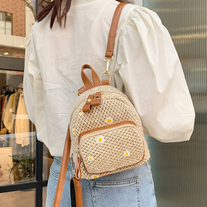 realaiot  Daisy Embroidery Small Backpack, Straw Woven Storage Daypack Summer Vacation Backpack