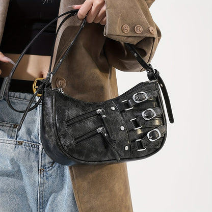 realaiot Punk Style Crescent Bag For Women, Trendy Motorcycle Shoulder Bag, Y2K Rivet Crossbody Bag For Street Wear