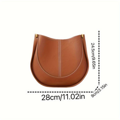 realaiot  Luxury Genuine Leather Saddle Bag, Minimalist Crossbody Bag, Trendy Solid Color Bucket Bag For Women