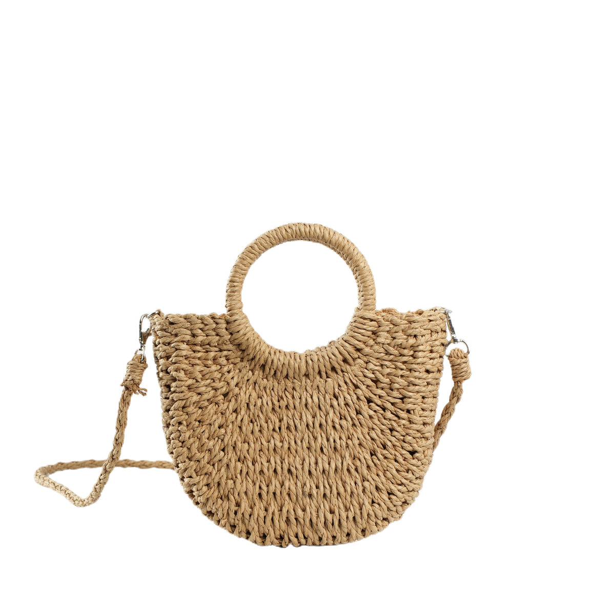 realaiot  Semicircle Straw Woven Beach Bag, Drawstring Crossbody Bag, Boho Style Rattan Handbags