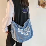 Letter Print Crossbody Bag, Vintage Denim Hobo Bag, Large Capacity Shoulder Bag For School Office Travel