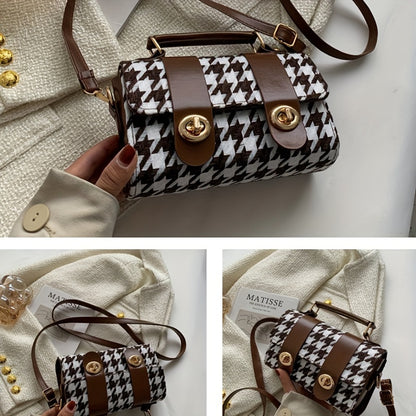 Mini Houndstooth Pattern Stitching Square Bag, Turn-Locks Top Handle Wallet For Women, Vintage Handbag