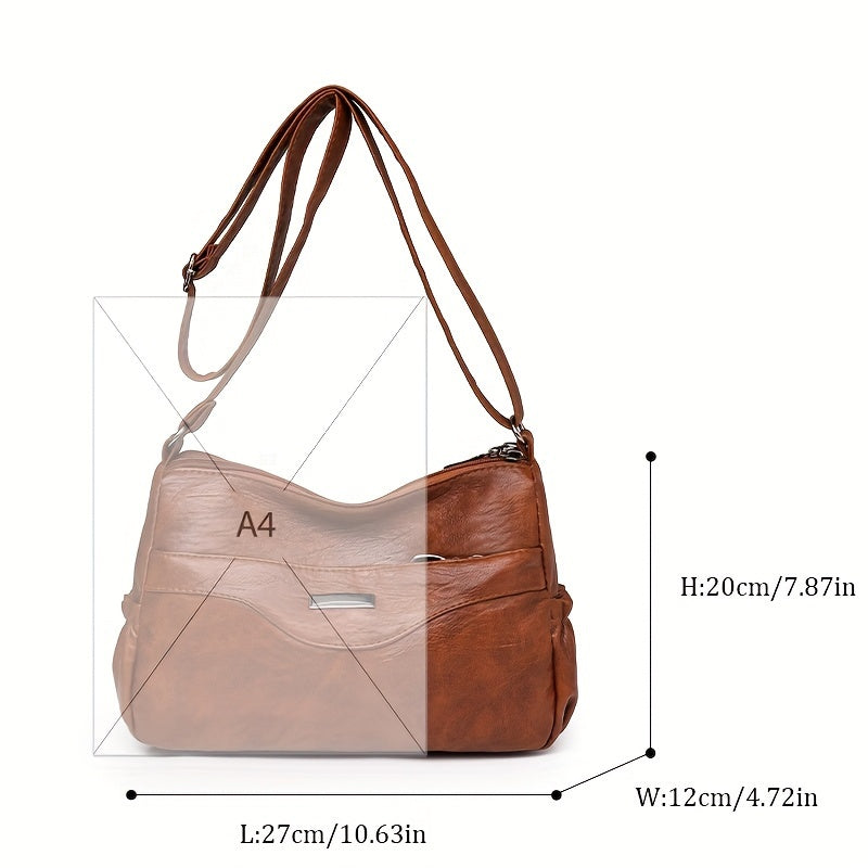 realaiot  Retro Solid Color Crossbody Bag, Stylish Multi Layer Shoulder Bag, Women's PU Leather Every Day Purse With Zipper