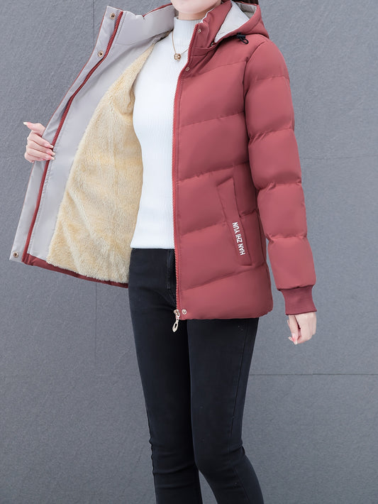 Women's Hooded Jacket - 100% Polyester Padded Warm Thickened Coat, Sports Style, Non-Stretch Fabric, Solid Color, Zipper Detail, Fall/Winter Season, Woven - Sports Hooded Puffer Jacket