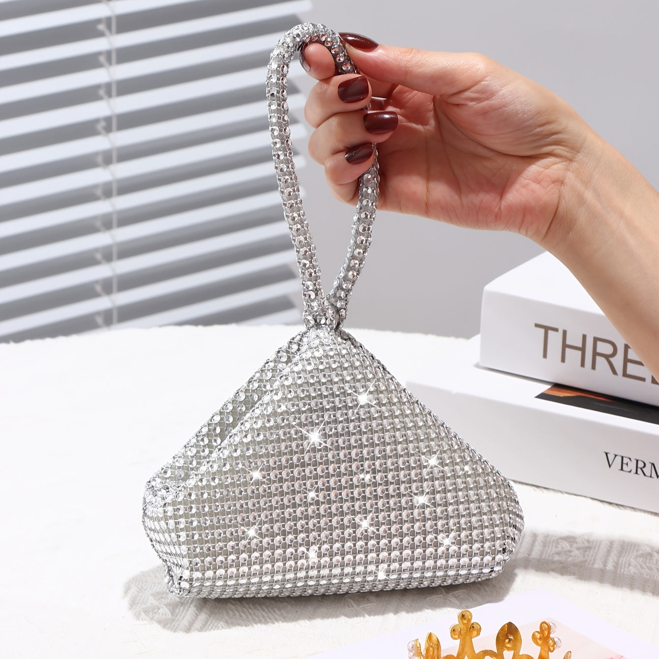 realaiot  Glitter Rhinestone Evening Bag, Luxury Triangle Clutch Purse, Sparkly Handbag For Wedding Party Prom Banquet