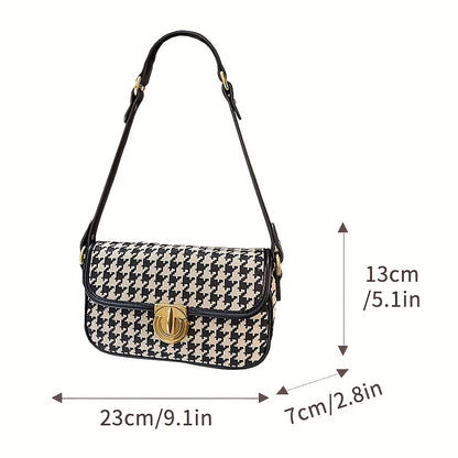 realaiot  Houndstooth Square Shoulder Bag, Women's Canvas Flap Purse, Trendy Turn Lock Crossbody Bag