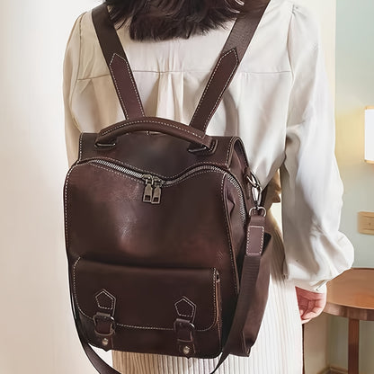 PU Leather Brown Backpack, New Retro British Style College Student School Bag, Simple Travel Backpack, Large Capacity Work Computer Commuter Backpack