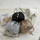Full Rhinestone Decor Bucket Bag, Drawstring Chain Bag, Women's Classic Banquet Messenger Bag