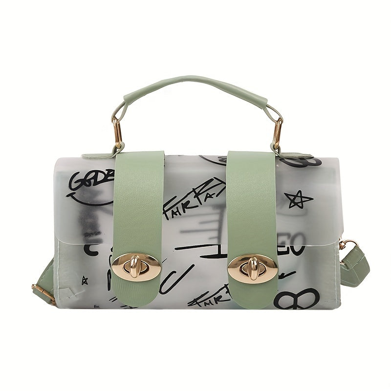 Clear Graffiti Pattern Handbags, Trendy Jelly Crossbody Bag, Waterproof Flap Purse For Every Day