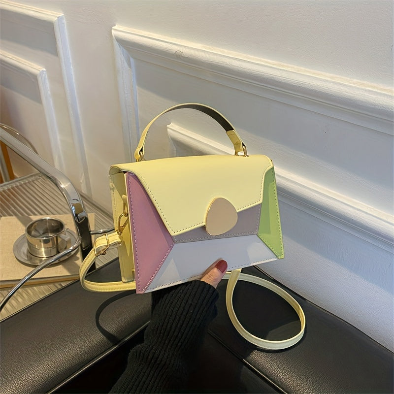 realaiot  Trendy Multicolour Colorblock Square Bag, Stylish Flap Shoulder Bag, Niche Design Purse